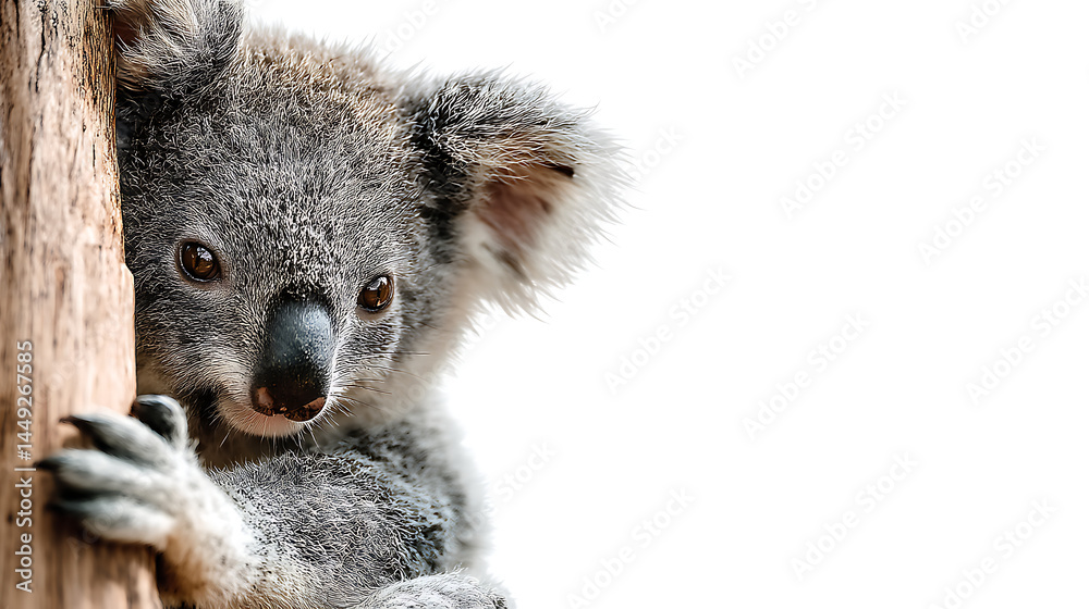 Fototapeta premium Close-up of a koala clinging to a tree trunk, showcasing its expressive eyes and fur texture