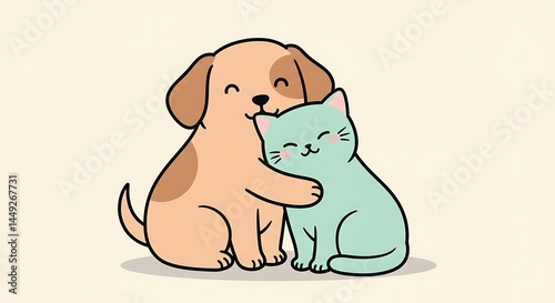 Cartoon Dog and Cat Hug