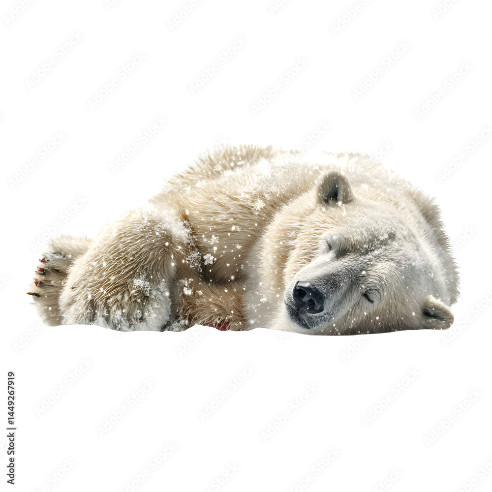 Fototapeta premium A polar bear sleeping peacefully in the snow with a black background and some snow falling on it