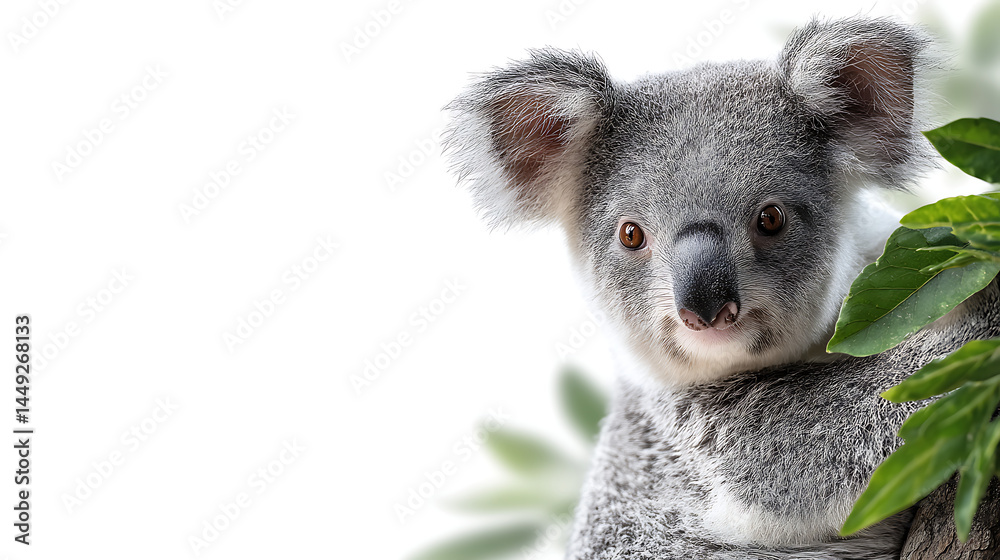 Obraz premium Close-up of a koala perched on a branch surrounded by green leaves in a natural setting