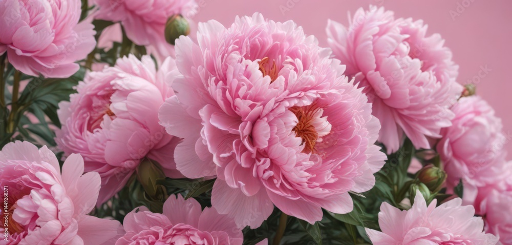 Obraz premium Dense cluster of pink peonies, soft pink backdrop, gentle, macro, spring
