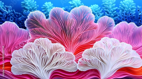 Vibrant, colorful coral formations with intricate patterns in a blue underwater scene.