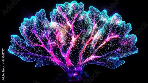 A glowing, neon-colored sea fan coral with intricate, branching patterns against a dark background.