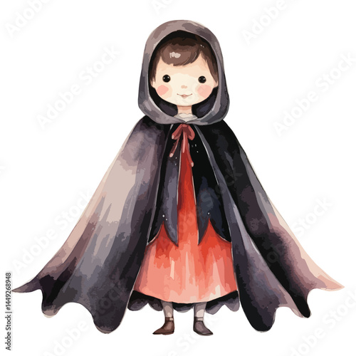 vampire in a dark cloak  cute watercolors illustration on white background