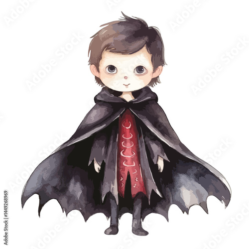 vampire in a dark cloak  cute watercolors illustration on white background