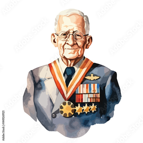 veteran wearing medals cute watercolors illustration on white background