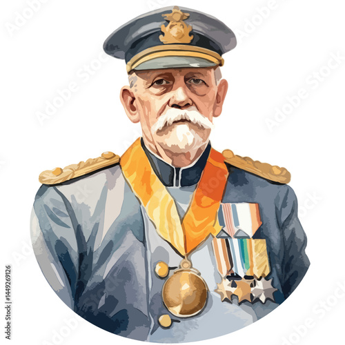 veteran wearing medals cute watercolors illustration on white background