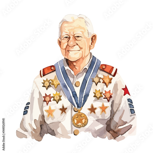 veteran wearing medals cute watercolors illustration on white background