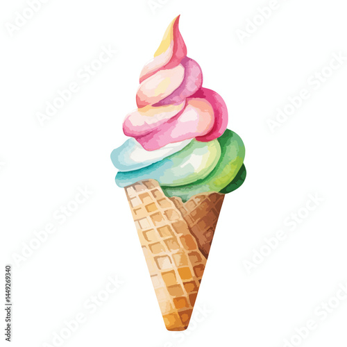 waffle cone filled with colorful ice cute watercolors illustration on white background