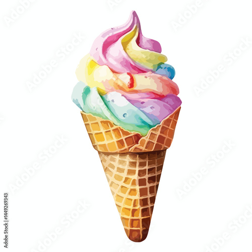 waffle cone filled with colorful ice cute watercolors illustration on white background