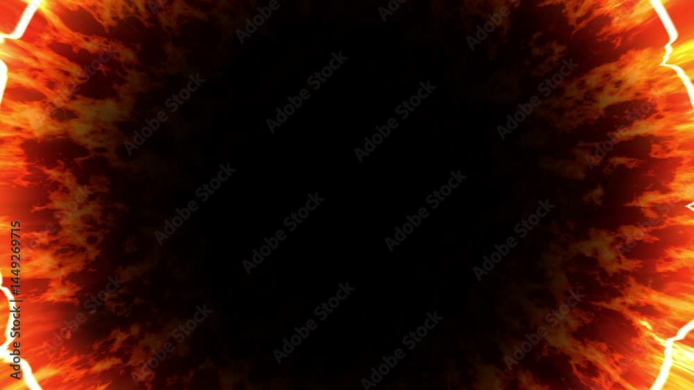 Abstract flame circle explosion energy shockwave on black background for overlay.
