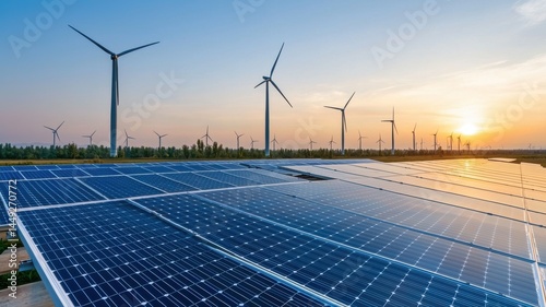 Renewable Energy Farm at Sunset: Solar Panels and Wind Turbines solar panels wind turbines wind farm