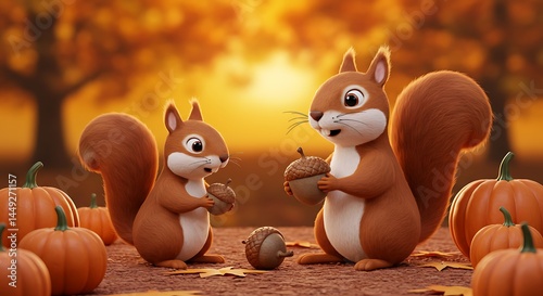 Autumn Forest Squirrels with Acorns (3D Art)