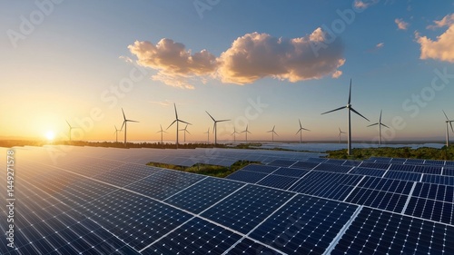 Renewable Energy Landscape: Solar Panels and Wind Turbines at Sunset solar panels solar farm sunset
