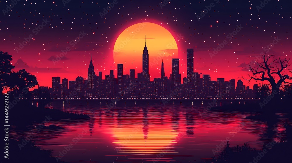Cityscape sunset retro futuristic vector style Cityscape sunset retro futuristic vector style