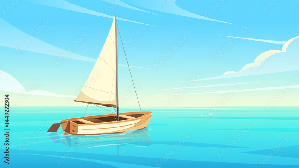 A serene and picturesque illustration of a small wooden sailboat with a cream-colored sail gently floating on a calm, turquoise sea. The sky above is a soft blue with wispy white clouds. A serene and picturesque illustration of a small wooden sailboat with a cream-colored sail gently floating on a calm, turquoise sea. The sky above is a soft blue with wispy white clouds.