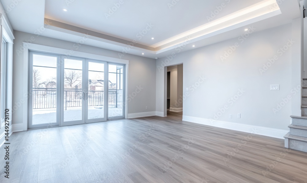 Empty, modern living area with large windows, showing off neutral tones and sleek design. Flooring, trim, and crown molding add to the sophisticated aesthetic Empty, modern living area with large windows, showing off neutral tones and sleek design. Flooring, trim, and crown molding add to the sophisticated aesthetic