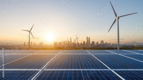 Renewable Energy in Urban Setting: Solar Panels and Wind Turbines solar panels wind turbines sunset