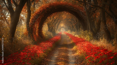 Autumnal pathway lined with vibrant red flowers and a mystical archway.