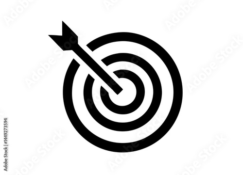 Black and White Target Icon with Concentric Circles and Arrow Hitting the Bullseye – Symbol of Precision and Goal Achievement