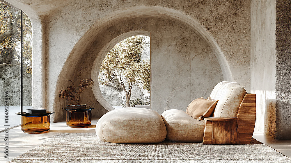 Neutral Interior with Couch, Arched Window, and Table in Natural Setting Neutral Interior with Couch, Arched Window, and Table in Natural Setting