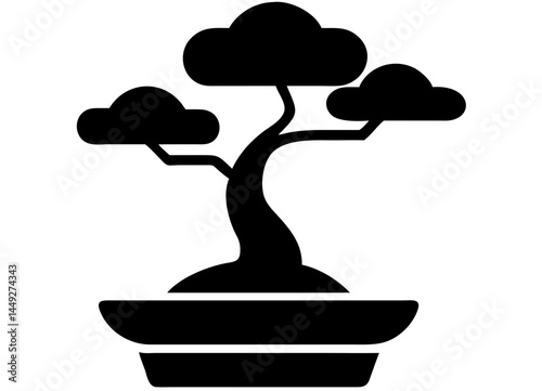 Black Silhouette of a Curved Bonsai Tree with Rounded Foliage in Rectangular Pot – Artful Minimalist Design for Zen and Nature Themes