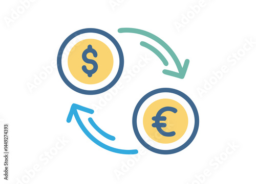 Currency Exchange Illustration with Dollar and Euro Icons – Circular Flow Arrows in Blue and Green Signifying Conversion and Global Finance