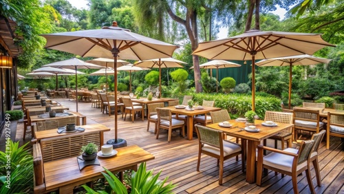 Serene garden dining with wooden tables and umbrellas amid lush greenery