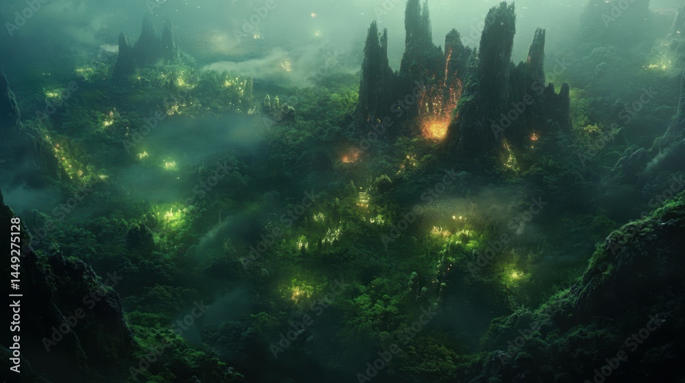 Fototapeta premium A lush fantasy battlefield with glowing forests and magical creatures.