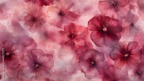Seamless pattern background with watercolor burgundy flowers. Their soft petals blend into the background. Abstract floral background.