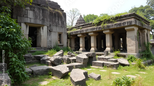 Ancient temple ruins with crumbling stones and overgrown vegetation, outdoors, temple, overgrowth