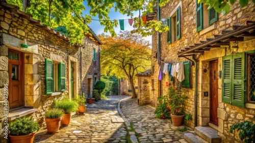 Sunlit Stone Alleyway with Rustic Buildings, Dappled Leaves, Laundry, and Potted Plants, Evoking Mediterranean Charm, Nostalgia, and Quiet Village Serenity