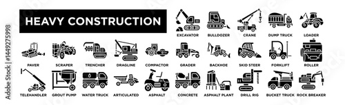 heavy equipment icon set. Editable Stroke Icon Collection. Excavator, Bulldozer, Crane, Dump truck, Loader
