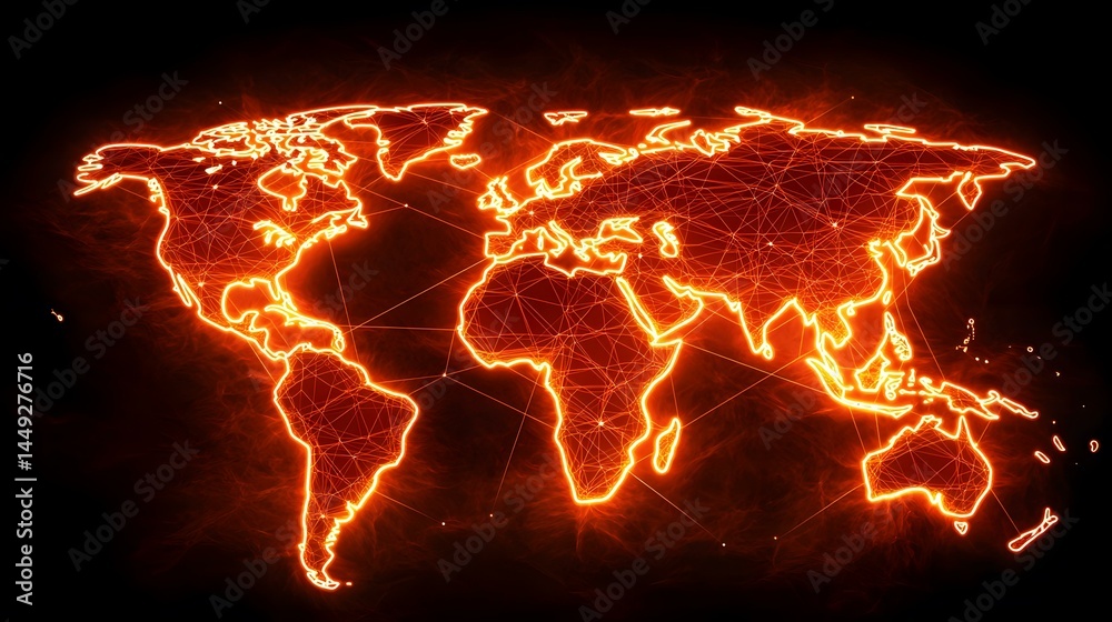 The image shows a glowing orange world map with interconnected lines, representing global networks or connections. The image shows a glowing orange world map with interconnected lines, representing global networks or connections.