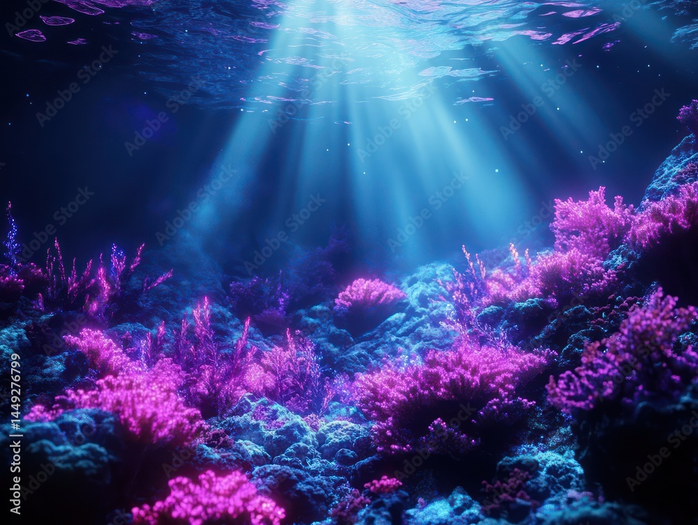 Fototapeta premium Underwater scene with coral reef and light beams