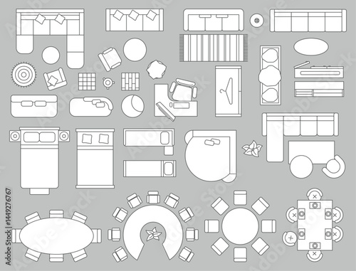 Furniture outline top view. Floor plan icons set for design interior and architectural project. Furniture thin line icon in top view for layout.