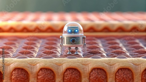 A small, futuristic robot stands on a textured surface resembling a dessert, with bright blue eyes and a metallic finish.