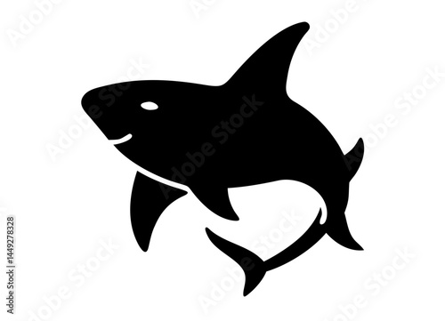 Black and White Silhouette of an Orca – Stylized Killer Whale with Distinct Dorsal Fin and White Patch Near Eye