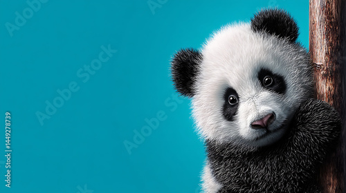 Adorable panda cub playfully climbing a tree against a vibrant blue background