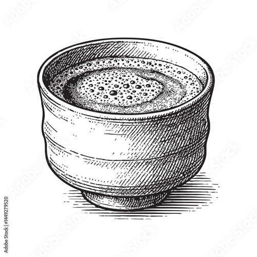 matcha green tea woodcut engraving vector illustration