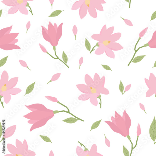 Magnolia flowers on a white background. Seamless pattern under clipping mask, convenient for editing. Pink flowers and green leaves in the flat style. Background for paper, gift wrap, textile.