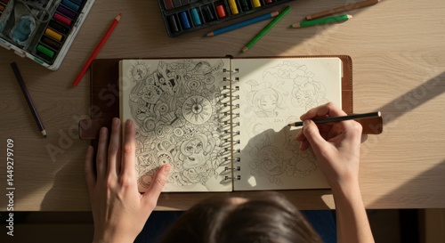 Overhead view of a young female artist's hands sketching cartoon faces in a spiral-bound sketchbook on a wooden desk with art supplies, illuminated by sunlight.