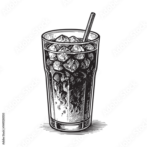 Vietnamese iced coffee woodcut engraving vector illustration
