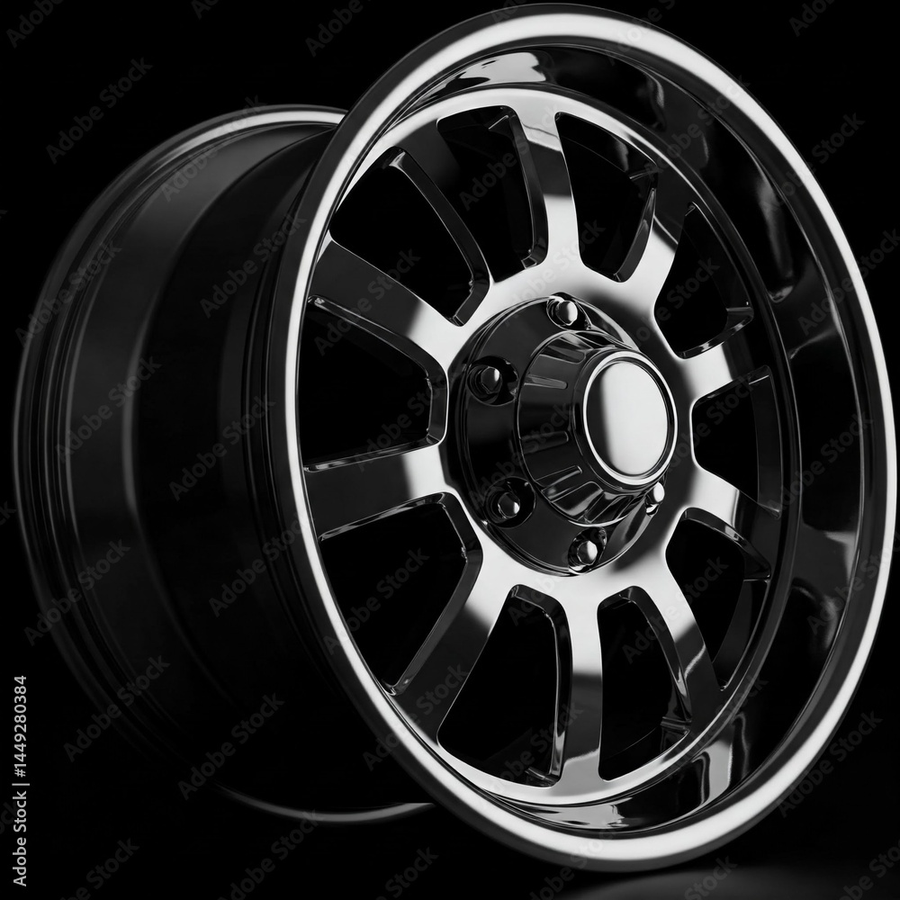 Obraz premium shiny chrome wheel with black background closeup of rim detail 3d rendering