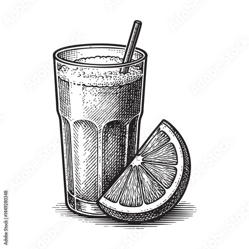 Fresh orange juice woodcut engraving vector illustration