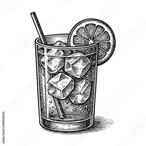 Lemonade with ice woodcut engraving vector illustration