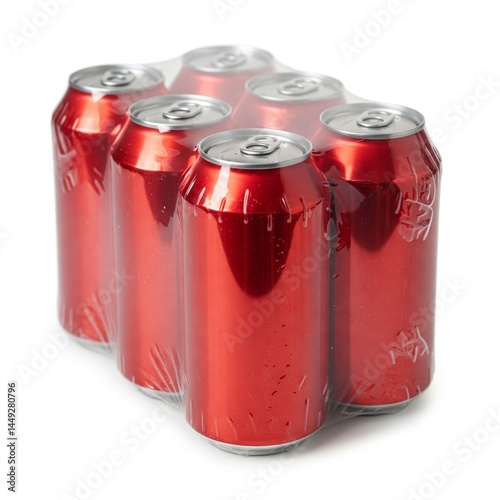 red aluminum soda cans packaged in plastic wrap on white background