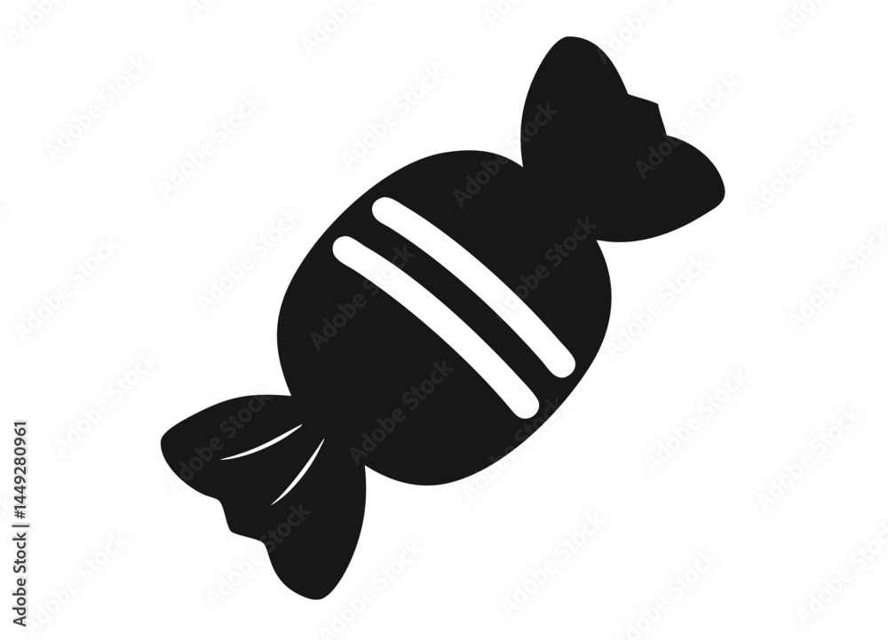 Obraz premium Black and White Silhouette of a Wrapped Candy – Oval Shaped Center with Twisted Ends and Decorative Curved Lines