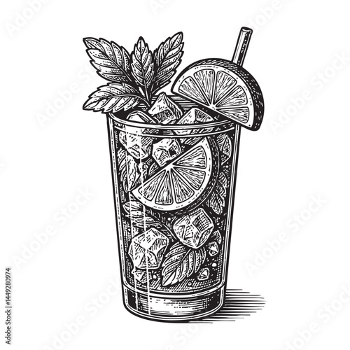 classic mojito woodcut engraving vector illustration