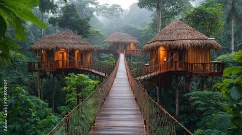 Lush rainforest canopy walkway over treehouses.